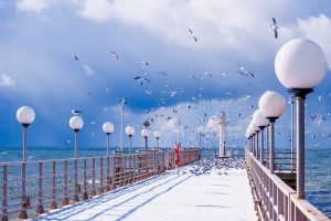 Olympic Ski Resort Tour in Russia. Rosa Khutor Winter Season Tour. Sochi pier in winter